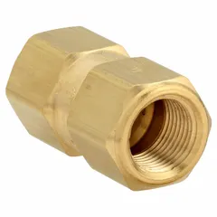 This brass poppet check valve features an inline valve body with 3/8 inch FNPT x FNPT connections. It is designed to prevent backflow in low-pressure fluid systems, suitable for use with water, air, and light oils in plumbing and pneumatic applications.