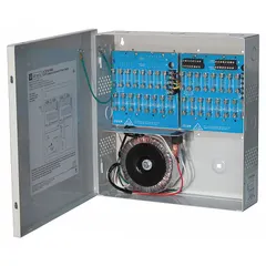 This power supply board with steel enclosure operates on 115V AC input and provides 24V AC output at 12.5A across 32 fused outputs. It is used for centralized power distribution in access control and security systems, powering devices such as locks, panels, and sensors.