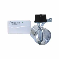Motorized fresh air intake damper for 10-inch diameter ducts. Flat blade with rubber seals, normally closed switch action, operates on 24V AC. Supports maximum air velocity of 1,000 fpm. Includes mounting hardware. Dimensions: 12 1/8 in L x 14 7/8 in W x 14 7/8 in H.