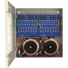 This power supply board with enclosure accepts 115V AC input and delivers 24V AC at 25A through 32 fuses. Constructed of steel, it provides centralized power distribution for systems requiring multiple fused outputs, such as security and access control installations.