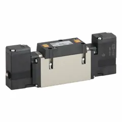 Five-way, two-position solenoid valve from the VFS3000 series. Operates on 24V DC with double solenoid, non-locking, spring-return design. Features internal pilot operation and plug-in connectivity for use in pneumatic control systems.