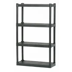 This press-fit stationary shelving unit has a 30 in x 12 in footprint and 54 in overall height, with four shelves. Both frame and shelving material are HDPE, offering corrosion resistance and easy cleaning. Suitable for light-duty storage in environments such as clean rooms, laboratories, or food processing areas.