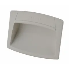 White plastic angled inset pull handle with matte finish, 3.5 in overall length, rectangular shape, and snap-in mounting. Designed for tray applications in cabinets, drawers, or panels where a flush, clean appearance is required.