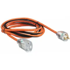 This 10-foot outdoor extension cord features a single NEMA 5-15P outlet and 14/3 SJTW construction. Rated for temperatures from -40° to 167°F, it is suitable for powering tools, lights, and equipment in outdoor and job site environments.