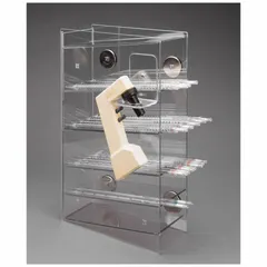 Wall-mounted pipette holder made of clear PETG. Overall width 4 7/8 in, height 18 3/4 in, length 11 1/4 in. Designed for organized storage of serological pipettes in laboratory settings, accommodating a pipette aid.