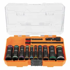 This 13-piece flip socket set features a 3/8 in drive size and includes 10 KNECT™ sockets. Designed for use with hand tools in confined spaces, it allows quick switching between sizes for fastening and loosening tasks.