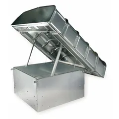 Galvanized steel roof vent hood with hinged design for access. Measures 90 in length by 84 in width. Rated for 10,882 cfm at 0.100 in static pressure. Used for exhausting air or fumes through a roof curb in industrial ventilation applications.