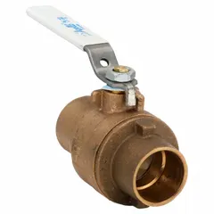 Manual two-way ball valve with a brass/bronze body, straight pattern, and sweat x sweat connections for copper tubing. Two-piece design with a lever handle for on/off flow control in plumbing and HVAC systems.