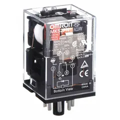 Plug-in relay with octal base and 8 round pins. DPDT contact configuration rated 10 A at 250V AC resistive load. Coil voltage 24V AC. Suitable for general-purpose switching in industrial control panels and automation systems.