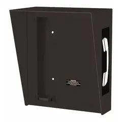 This weather resistant phone enclosure is constructed of aluminum with a polyurethane finish in black. It features a hooded design and is corrosion resistant. Designed for surface mounting with flush-mount telephones, it is suitable for outdoor or industrial environments where protection from the elements is required.