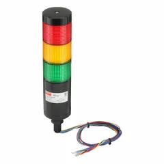 This three-tier tower light assembly provides visual status indication for industrial machinery and processes. It features amber, green, and red light tiers to signal machine states such as running, warning, or fault. Operating on 24V AC/DC, the assembly has an overall height of 9 1/4 inches and does not include a sounder tier.