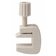 Screw-type clamp for compressing tubing in laboratory fluid handling and sample preparation. Constructed from nylon and plastic. Allows precise flow control by adjusting screw tension on flexible tubing.