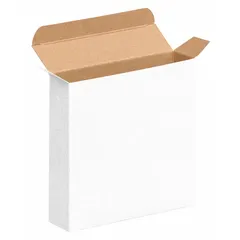 White fibreboard reverse tuck cartons with inside dimensions of 6 in length and 1 1/2 in width. Suitable for packaging, storing, and shipping small parts or products. Sold in packs of 250.