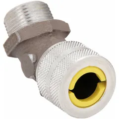 This 45° metallic cable grip secures and seals a single cord (0.63 to 0.75 in diameter) entering a 3/4 in MNPT box. The silver aluminum body and yellow color-coded grommet provide liquid-tight protection (IP66). Rated for Class II, Division 1 & 2 hazardous locations, it is suited for industrial environments with combustible dust.