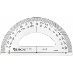 Plastic protractor with 1° graduations and 0.01in accuracy, measuring 3 1/2 in. Suitable for measuring and drawing angles from 0° to 180° in drafting, geometry, and technical drawing.