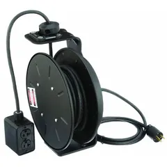 Self-retracting cord reel with 25 ft of 12 AWG SJOW cord. Feeder cord ends in NEMA 5-20P plug; retractable cord ends in NEMA 5-20R outlet. Suitable for organizing power supply in workshops, warehouses, and maintenance areas.