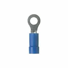 Vinyl-insulated ring terminal with #10 stud size and 600 V rating. Features funnel entry for easier wire insertion. Used for terminating wires to studs in electrical panels and machinery.