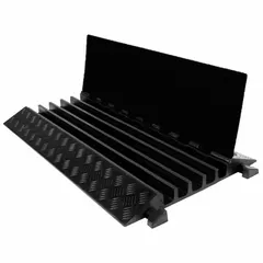Black rubber straight-section cable ramp with five channels and a hinged cover. Accommodates cables up to 1 3/8 in diameter. Measures 23 1/2 in wide by 3 in high. Used to route and protect cables and hoses across roadways, walkways, and work areas subject to vehicle traffic.