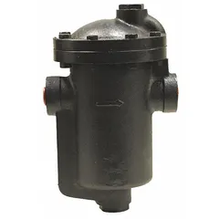 Cast iron inverted-bucket steam trap for horizontal in-line installation. 1 1/4 inch FNPT connections. Maximum capacity 5,725 lb/hr at 250 psi and 450°F. Strainer not included. Used to remove condensate from steam lines in industrial heating and process systems.
