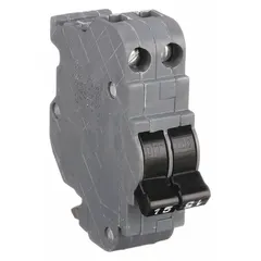 2-pole miniature circuit breaker rated 15 A at 120/240V AC with a 10kA interrupting capacity. 1-inch width. Provides overcurrent protection for branch circuits in load centers.