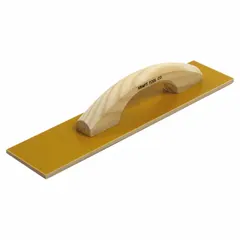 This concrete hand float features a square blade made of laminated canvas-resin, described as broken-in for immediate use. It is designed for smoothing and leveling fresh concrete surfaces in applications such as slabs, sidewalks, and other flatwork. The handle provides control during finishing operations.