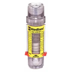 This HEDLAND inline flowmeter is a variable-area scale-type meter designed for water flow measurement. It provides flow indication in gallons with ±5% accuracy and features Buna-N seals and O-rings. The universal mounting orientation allows installation in various positions. Suitable for monitoring flow in water lines, cooling circuits, and process systems.