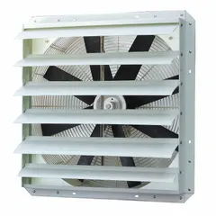 This corrosion-resistant shutter-mount exhaust fan features a fiberglass frame and a totally enclosed air-over motor. It operates at a single speed, delivering 5,448 cfm with 1/2 hp on 115V AC single-phase power. Suitable for industrial ventilation in environments where resistance to corrosive elements is required.