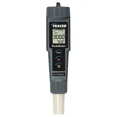 Pocket multiparameter tester for measuring temperature and salinity (0 to 9,999 ppm). Includes sample cup with cap. Suitable for field water quality testing in environmental, aquaculture, and industrial applications.