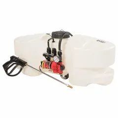 Cordless tailgate sprayer with 25-gallon tank, designed for mounting on ATVs or utility vehicles. Powered by a 12 VDC battery-operated pump, it enables spot treatment for weed control and pest management without an external power source.