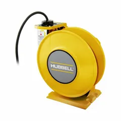 Hardwired self-retracting cord reel with ratchet lock mechanism for adjustable cord length up to 45 ft. Features 12 AWG SJO yellow cable and bare wire ending for direct hardwiring to junction boxes or equipment. Suitable for industrial and commercial facilities to manage power delivery to movable equipment.