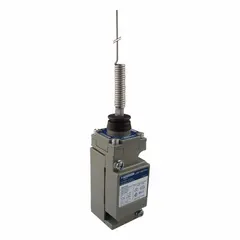 Coil-spring wobble-stick limit switch with metallic zinc body and two mounting holes. Screw clamp terminals facilitate wiring. Used for position sensing in industrial machinery, conveyors, and automated equipment.