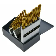 This 29-piece cobalt jobber-length drill bit set covers sizes from 1/16" to 1/2" in 64th increments. Each bit features a 135° split point for reduced walking and lower thrust requirements. The set is organized in a metal index case. Suitable for drilling in metal, wood, and plastic in production, maintenance, and fabrication applications.