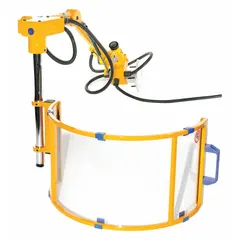 This adjustable milling machine guard features a curved shield measuring 27 1/2" x 9 1/2" and includes a safety-interlock switch that stops machine operation when the guard is opened. It is designed for use on vertical and horizontal milling machines to protect operators from flying chips, coolant spray, and rotating cutters while maintaining visibility of the workpiece.