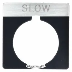 Square legend plate for push-button stations, with 1 3/4 in overall height and width. Constructed of black metallic aluminum with a white legend and English text. Suitable for labeling controls in industrial control panels and machinery.