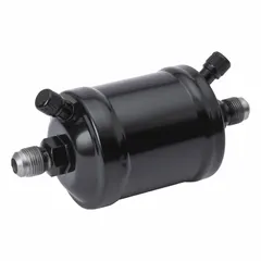 Steel shell filter drier for 5.9 ton HFC refrigeration systems. Contains an activated alumina/molecular sieve core to remove moisture, acids, and contaminants from the liquid line. Suitable for use in commercial and industrial cooling applications to protect compressors and metering devices.