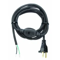 This 10-foot power cord features a 5-15P plug and bare wire receptacle, rated for 125V AC. The SJO rubber jacket provides flexibility and resistance to wear. An integrated on/off switch allows convenient control of connected equipment. Suitable for powering tools, lighting, and other devices in industrial or maintenance settings.