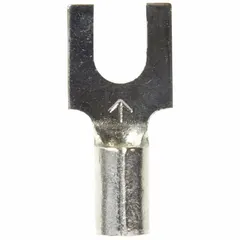 Non-insulated block fork terminal for #6 stud size, accepting 16 AWG to 14 AWG wire. Rated 600 V. Used for secure electrical connections in control panels, machinery, and power distribution.