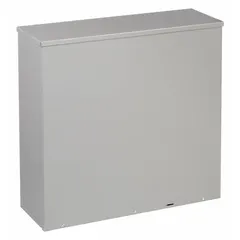 This steel enclosure measures 24 x 24 x 8 inches and features a solid screw-on cover with a padlock hasp closure. Rated NEMA 3R, it provides protection against rain and sleet for outdoor or damp locations. The painted finish resists corrosion. Suitable for housing electrical equipment such as junction boxes, disconnects, or controls in industrial and commercial settings.