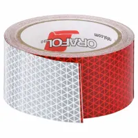 Red/white acrylic reflective tape for construction vehicles, trucks, and trailers. 2-inch width with red reflective color and acrylic adhesive. Enhances visibility for fleet and worksite applications