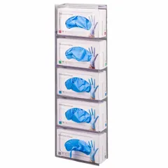 Wall-mount dispenser for storing and dispensing up to five boxes of gloves. Made of clear PETG with top-load fill. Overall dimensions: 9 1/4 in W x 28 7/8 in H x 3 7/8 in D. Suitable for healthcare, laboratory, and industrial environments.
