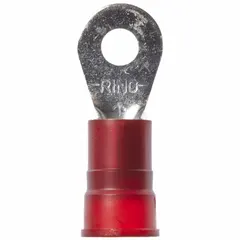 Nylon-insulated ring terminal for 8 AWG wire, with a #10 stud size and 1000V rating. Used for secure crimp connections in control panels, machinery, and power distribution where vibration resistance is required.