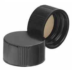 Black phenolic screw cap with PTFE-faced rubber liner, sized 18-400 mm. Autoclavable for sterilization. Commonly used for sealing laboratory bottles and containers requiring chemical resistance.