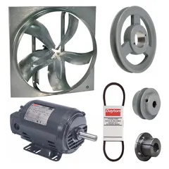 Unassembled belt-drive panel exhaust fan with drive package. Features a 24 in blade, 1 1/2 hp motor, and 10,002 cfm airflow. Operates on 208-230/460V AC, 3-phase power. Zinc-plated steel frame with open dripproof motor enclosure and Class F insulation. Without intake guards. Suitable for general ventilation in industrial and commercial settings.