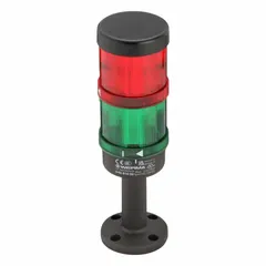 Two-tier tower light assembly with green and red light tiers for visual status indication on industrial machinery, conveyors, and process lines. Operates on 24V AC/DC, overall height 242 mm, diameter 70 mm. No sounder tier included.