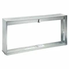 Rectangular fire damper with curtain blade type and gravity closure for vertical mounting. Measures 23 3/4 in width, 11 3/4 in height, and 3 3/4 in length. Used in HVAC duct systems to restrict flame and smoke spread.