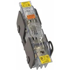 Indicating fuse block cover rated for 600 V AC. Designed for J fuse class and compatible with JM fuse series. Provides visual indication of fuse status in electrical distribution systems.
