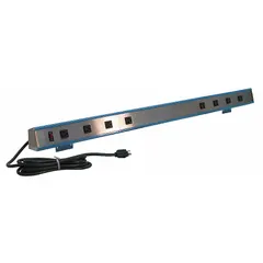 Industrial power strip with 8 outlets, 9 ft cord, and 15 A rating. Gray housing with clip mounting for secure attachment to workbenches or equipment racks. Suitable for powering tools and machinery in workshops and light industrial settings. Not UL rated for healthcare.