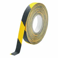 Extra-coarse abrasive tape with 36 grit size in a striped black/yellow pattern. Permanent solvent acrylic adhesive provides abrasion resistance. Meets R13 slip-resistance specifications. Suitable for indoor walking areas subject to heavy foot traffic.