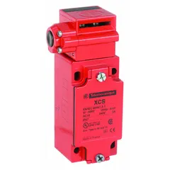 Key-actuated safety-interlock switch with flat actuating key, 1NO/2NC contacts, and pivoting/straight key entry. Terminal connection via 1/2 in NPT conduit. Used to monitor and control access to guarded machinery in industrial environments.