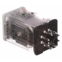Socket-mounted relay from Siemens 3TX71 Series with DPDT contact configuration. Rated 10A at 12V DC, features an octal base and 8 pins for plug-in mounting. Suitable for switching loads in control panels, automation systems, and machinery.